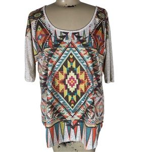 Bella D X Back Aztec Southwest Elbow Sleeve Oatmeal Heather Blouse Sz L